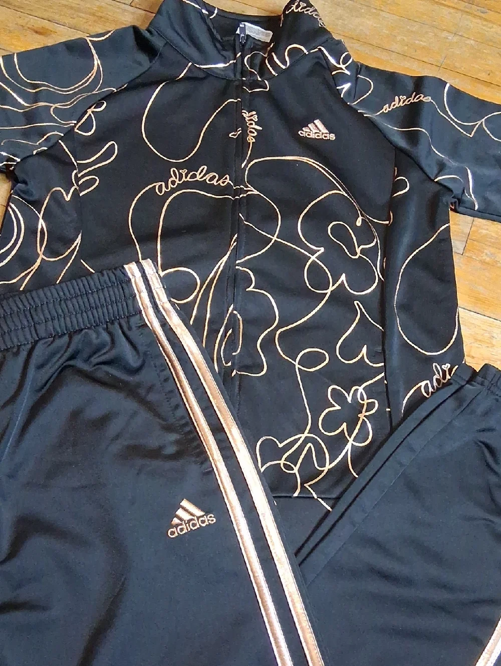 adidas Black Track Jacket and Pants with Rose-Gold Line Art